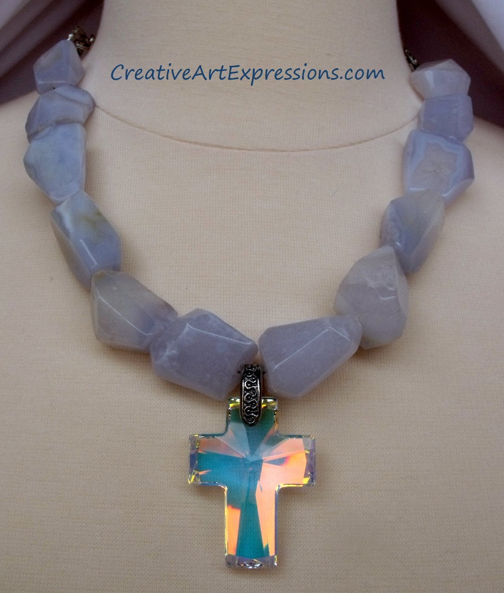 Creative Art Expressions Handmade Lace Agate & Crystal Cross Necklace Jewelry Design